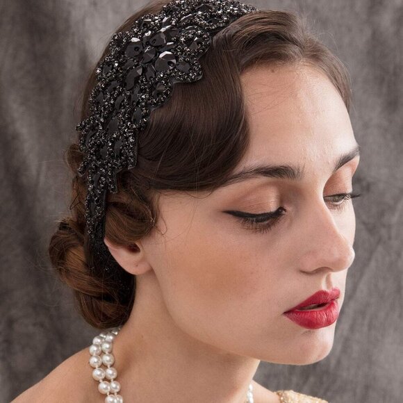 Black Rhinestone Flapper Headband 1920s Gatsby Costume Womens Accessory